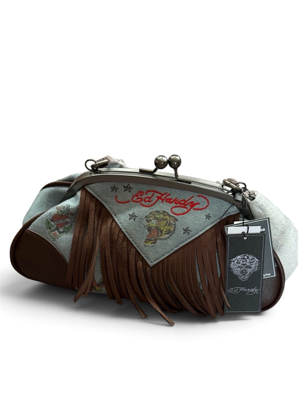 Ed Hardy Brown & Light Blue Fringed Embroidered Frame Clutch